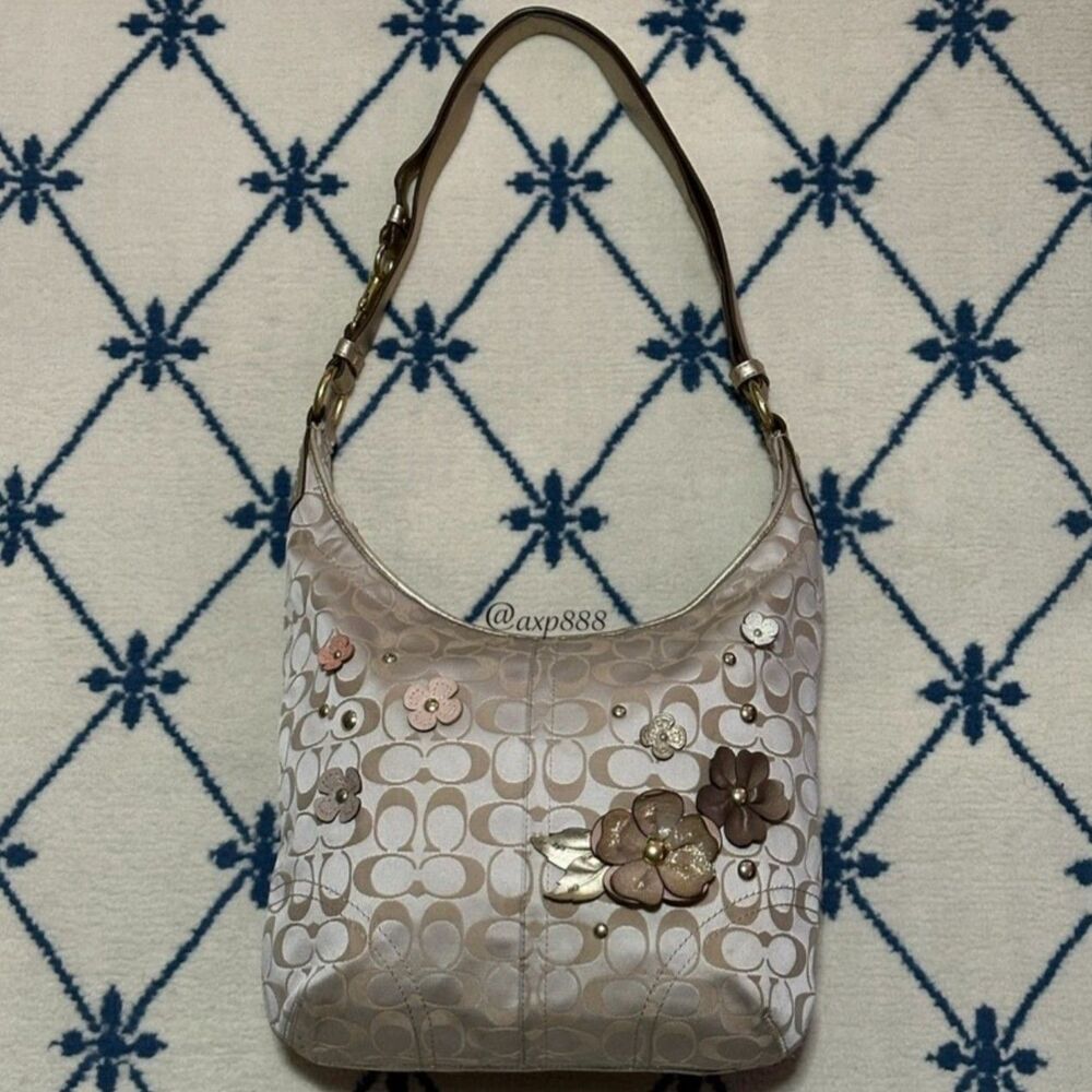 Coach Y2K Signature Floral Appliqué Duffle Hobo Shoulder Bag 2012 18896 - Khaki